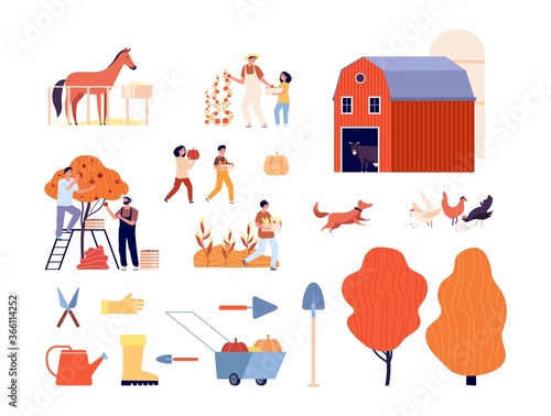 Farm collection. Animals, farmers harvesting garden. Isolated rural ranch, autumn agriculture fields. Plants, adults and children gardening or farming vector illustration. Farm agriculture organic