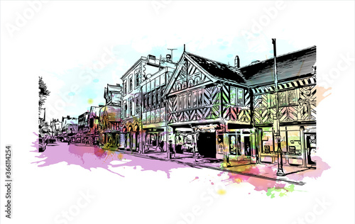 Building view with landmark of Chester is a city in northwest England. Watercolor splash with Hand drawn sketch illustration in vector. 