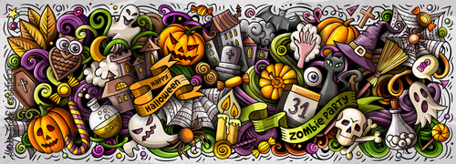 Happy Halloween hand drawn cartoon doodles illustration.