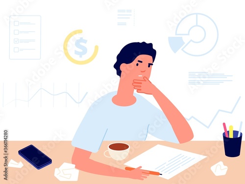 Financial planning. Investments choice, man thinking about money. Accounting, profit calculation vector illustration. Financial choice plan, business finance
