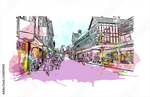 Building view with landmark of Chester is a city in northwest England. Watercolor splash with Hand drawn sketch illustration in vector. 