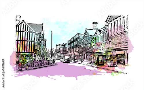Building view with landmark of Chester is a city in northwest England. Watercolor splash with Hand drawn sketch illustration in vector. 