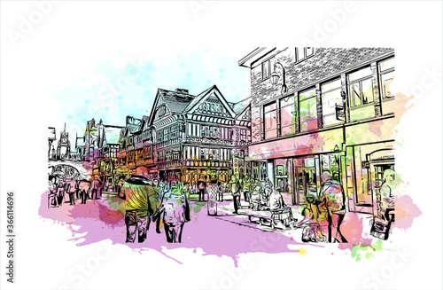 Building view with landmark of Chester is a city in northwest England. Watercolor splash with Hand drawn sketch illustration in vector. 