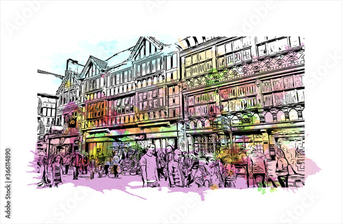 Building view with landmark of Chester is a city in northwest England. Watercolor splash with Hand drawn sketch illustration in vector. 