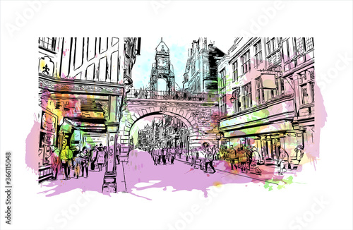Building view with landmark of Chester is a city in northwest England. Watercolor splash with Hand drawn sketch illustration in vector. 