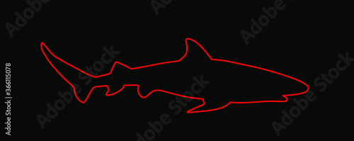 Reef shark line contour vector isolated on white background. Sea predator. Danger on beach alert. Open jaws of beast. Fear for divers and swimmers. Under water alert. Ocean killer.