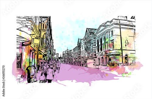 Building view with landmark of Chester is a city in northwest England. Watercolor splash with Hand drawn sketch illustration in vector. 