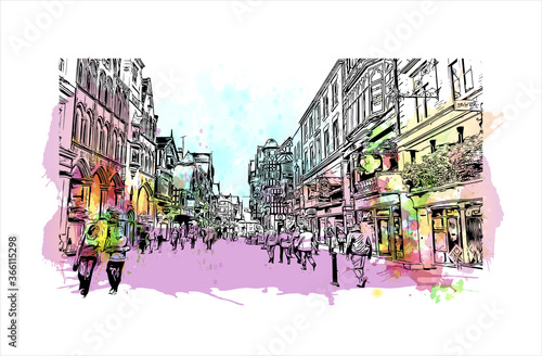 Building view with landmark of Chester is a city in northwest England. Watercolor splash with Hand drawn sketch illustration in vector. 
