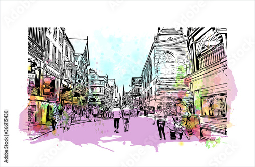 Building view with landmark of Chester is a city in northwest England. Watercolor splash with Hand drawn sketch illustration in vector. 