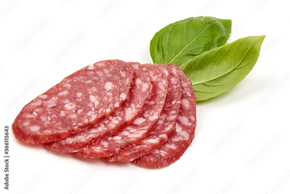 Dry salami sausage slices, isolated on a white background Dry salami sausage slices, isolated on a white background