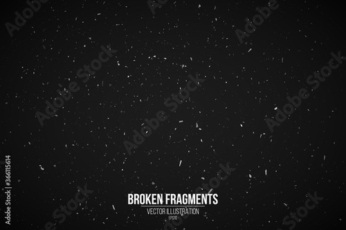 Grunge effect on a black background for your design. Splash background. White particles and fragments. Retro film backdrop. Vector Illustration