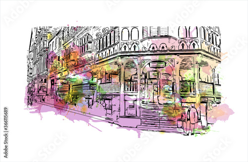 Building view with landmark of Chester is a city in northwest England. Watercolor splash with Hand drawn sketch illustration in vector. 