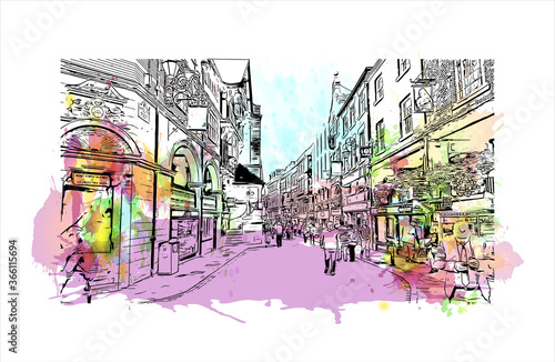 Building view with landmark of Chester is a city in northwest England. Watercolor splash with hand drawn sketch illustration in vector. 