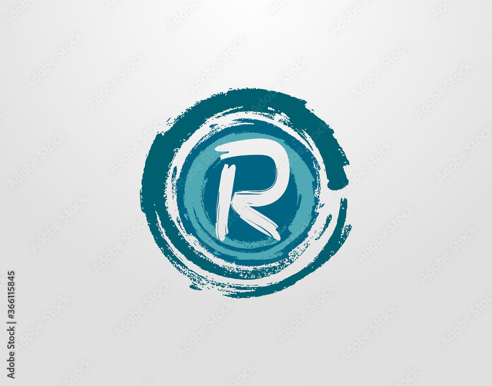 Obraz premium R Letter Logo With Circle Blue Splatter Element. Blue Wave Retro logo design template.