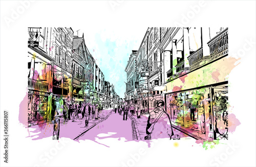 Building view with landmark of Chester is a city in northwest England. Watercolor splash with Hand drawn sketch illustration in vector. 