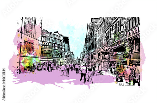 Building view with landmark of Chester is a city in northwest England. Watercolor splash with Hand drawn sketch illustration in vector. 