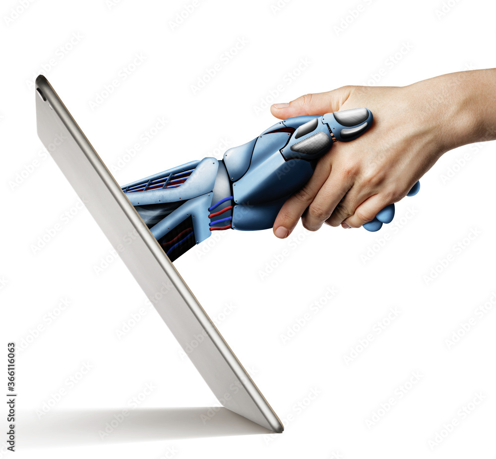 The handshake human with artificial intelligence via digital tablet ...