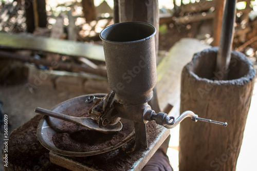 Coffee grinder and boiling water to brew coffee of the hill tribe people at Doi Inthanon National Park, Thailand