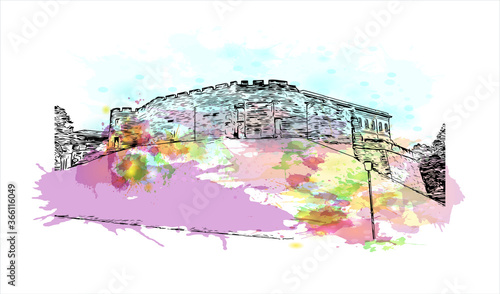 Building view with landmark of Chester is a city in northwest England. Watercolor splash with Hand drawn sketch illustration in vector. 