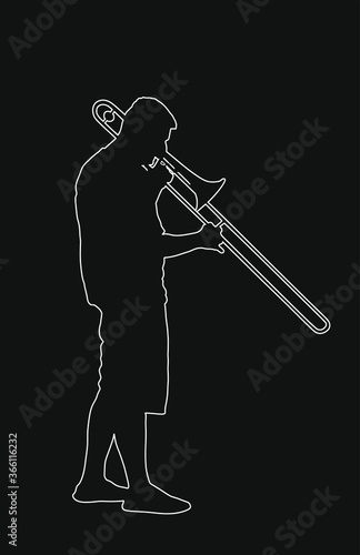 Trombone player line contour vector illustration. Music man play wind instrument silhouette. Music artist boy. Jazz man. Bugler street performer. Musician play trumpet. Entertainment  music event.