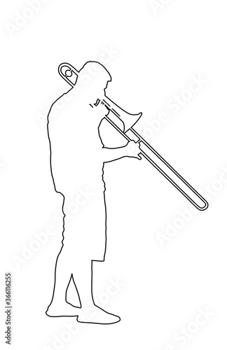 Trombone player line contour vector illustration. Music man play wind instrument silhouette. Music artist boy. Jazz man. Bugler street performer. Musician play trumpet. Entertainment  music event.