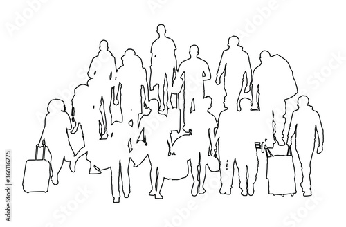 Passengers with luggage walking at airport vector line contour silhouette. Travelers with bags go home. Man and woman carry baggage. People crowd with cargo load after holiday
Refugees on border.