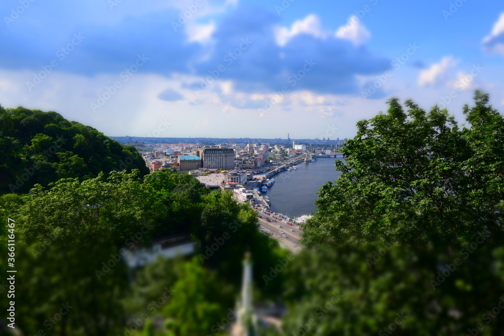 Summer panorama of the city with miniature effect 