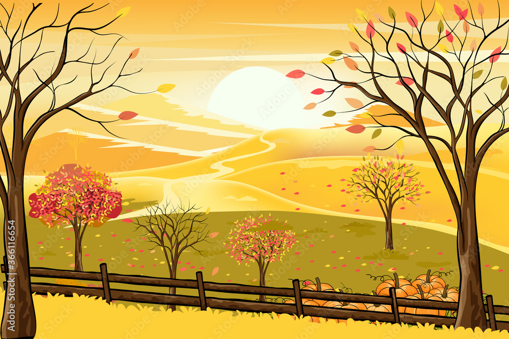 Φωτογραφία Vector illustrationn of panorama autumn landscape in english countryside with forest trees and leaves falling,Panoraic of farm field, pumkin under the tree in fall season with yellow foliage