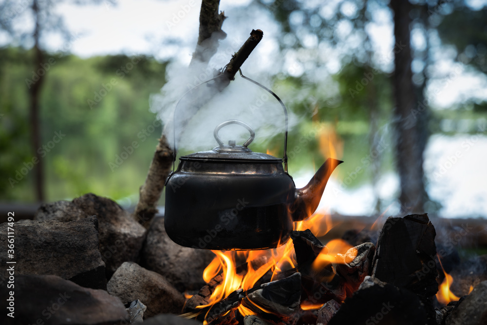 Tea Kettle on Open Fire. Tea in the Camping Stock Image - Image of