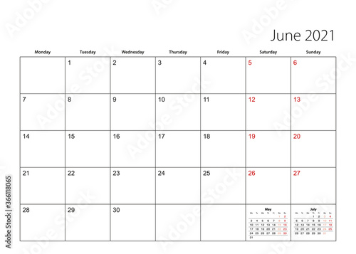 June 2021 simple calendar planner, week starts from Monday.