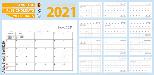Spanish calendar planner for 2021. Spanish language, week starts from Sunday.