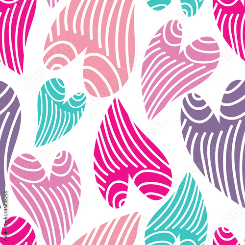 Seamless vector illustration pattern of colorful doodle hearts with ornaments