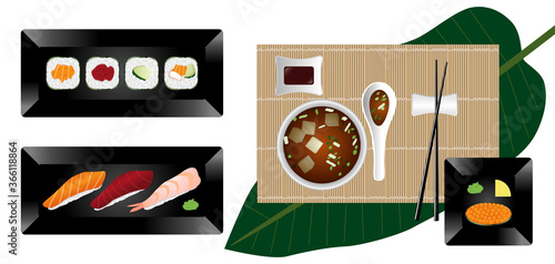 Affiche sur la cuisine japonaise composée d’un assortiment de nourriture, sushi, maki, soupe. 