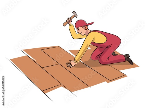 Handyman worker repairs roof isolated on white background