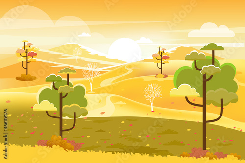 Vector illustrationn of panorama autumn landscape in english countryside with forest trees and leaves falling,Panoraic of farm field, pumpkin under the tree in fall season with yellow foliage. photo