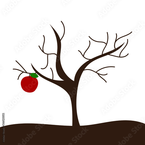 Lonely tree without leaves with an apple on a white background