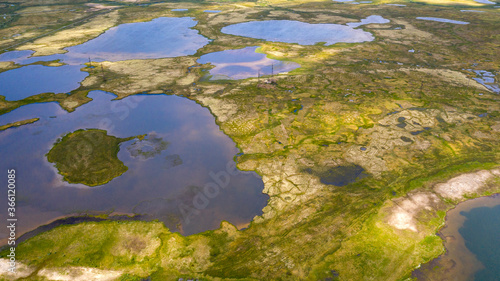 Landscape of the forest-tundra, aerial view, traces of caterpillar equipment on the surface of tundra vegetation, nature conservation, environmental problems of the tundra. © evgenii