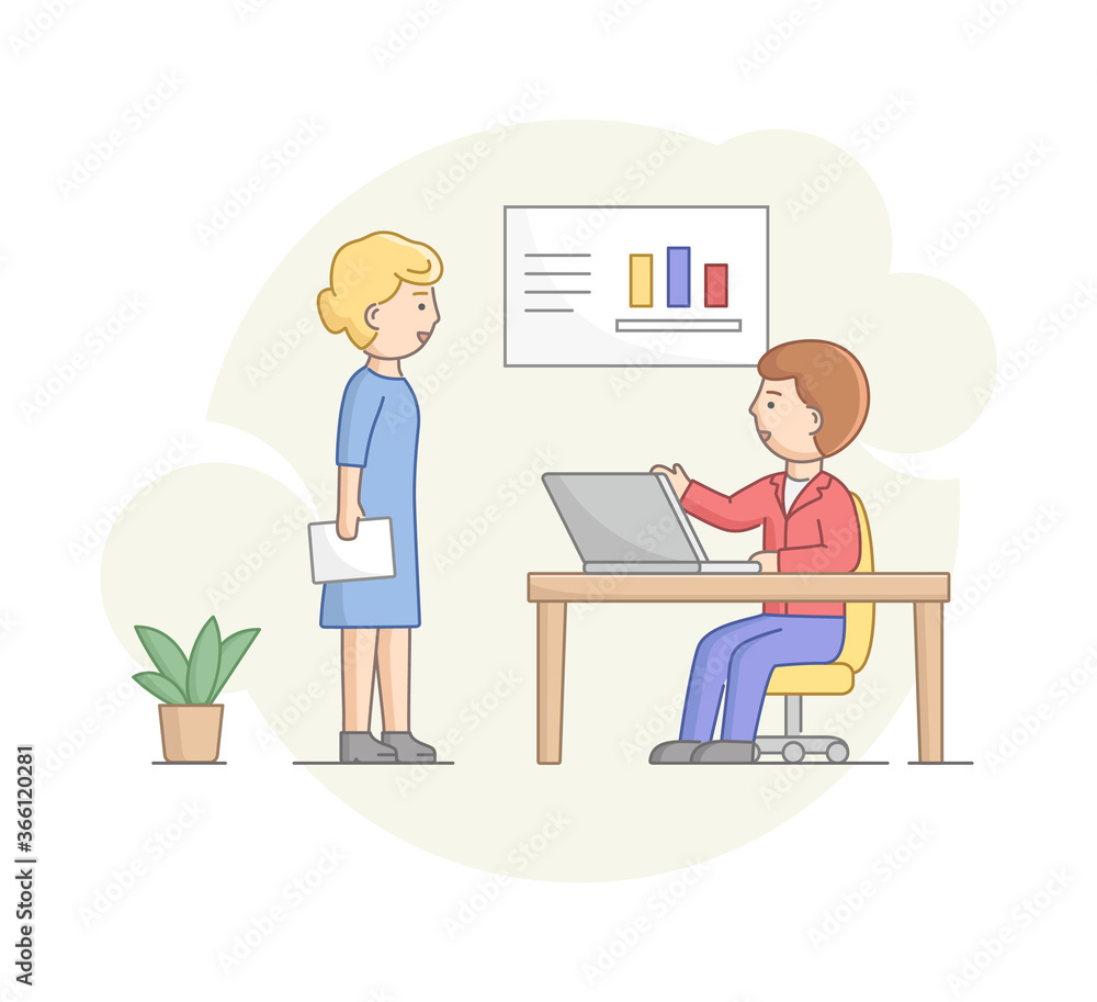 Creativity And Teamwork Concept. Business People Develop And Work On Project Or Startup Together In The Office. Man Works On Laptop. Boss And Employee. Cartoon Linear Outline Flat Vector Illustration
