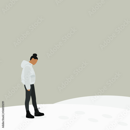 Female character in a jacket looks at the footprints in the snow