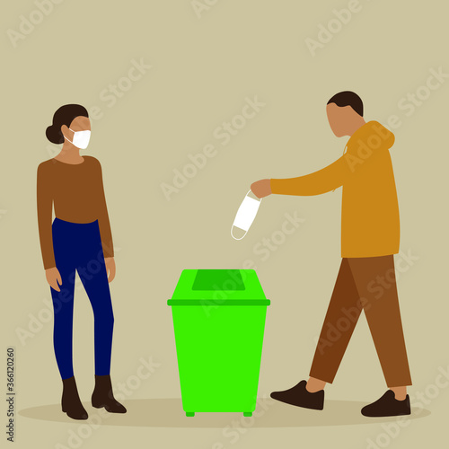 A male character throws a medical mask into an urn, and a female character in a medical mask looks at it