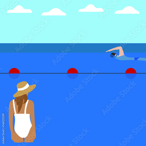 A female character in a swimsuit and hat looks at a male character floating behind buoys