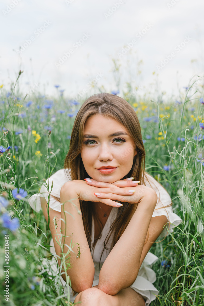 The girl in the cornflower-blue field. Beautiful woman and cornflowers in the field. Belarusian. The girl in the cornflower-blue field. Beautiful woman and cornflowers in the field. Belarusian.