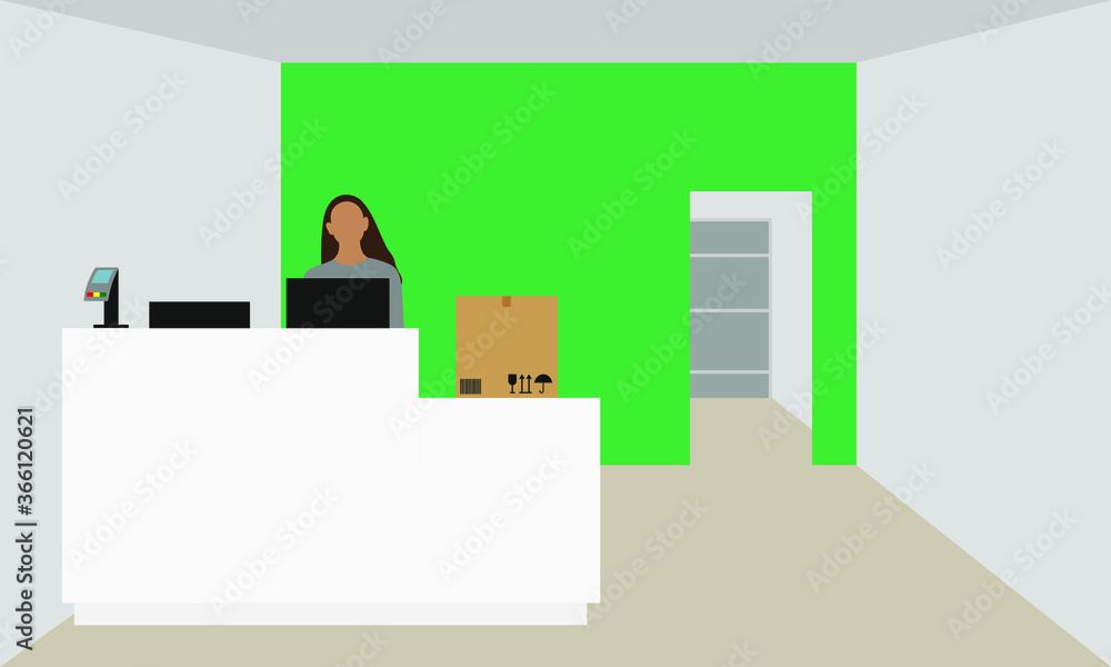 Point of issue of orders with a terminal for payment, an employee and a cardboard box Point of issue of orders with a terminal for payment, an employee and a cardboard box
