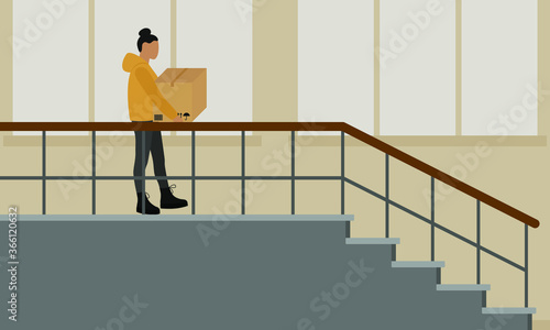 Female character with a cardboard box in her hands goes the stairs