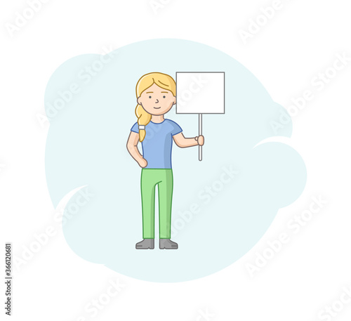 Announcement And Protest Concept. Woman Holding Placard In Front Of Her. Activist Holding Sign, Banner On A Protest Demonstration Or Airport. Cartoon Linear Outline Flat Style. Vector Illustration