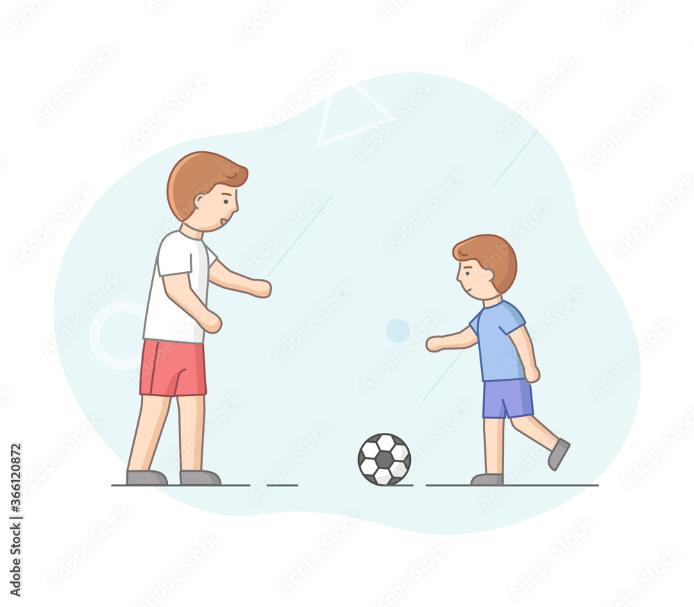 Fatherhood Concept. Happy Father Spending Time With His Son. Personal Trainer Teach Boy Play Football. Characters Have Fun Together On Weekend. Cartoon Linear Outline Flat Style. Vector Illustration Fatherhood Concept. Happy Father Spending Time With His Son. Personal Trainer Teach Boy Play Football. Characters Have Fun Together On Weekend. Cartoon Linear Outline Flat Style. Vector Illustration