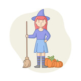 Halloween Party Celebration Concept. Woman Disguised To Evil Character, Witch Or Vampire On Carnival. Girl Celebrates Holiday In Witch With Broom Suit. Cartoon Linear Outline Flat Vector Illustration