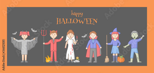 Halloween Party Celebration Concept. Set Of People Disguised To Evil Characters, Zombie, Walking Dead, Witches And Vampires On Carnival Together. Cartoon Linear Outline Flat Style Vector Illustration