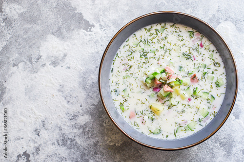 cold soup vegetables greens okroshka food background top view copy space for text organic eating healthy keto or paleo diet raw photo