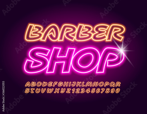 Vector Neon sign Barber Shop. Glowing Handwritten Font. Creative electric Alphabet Letters and Numbers